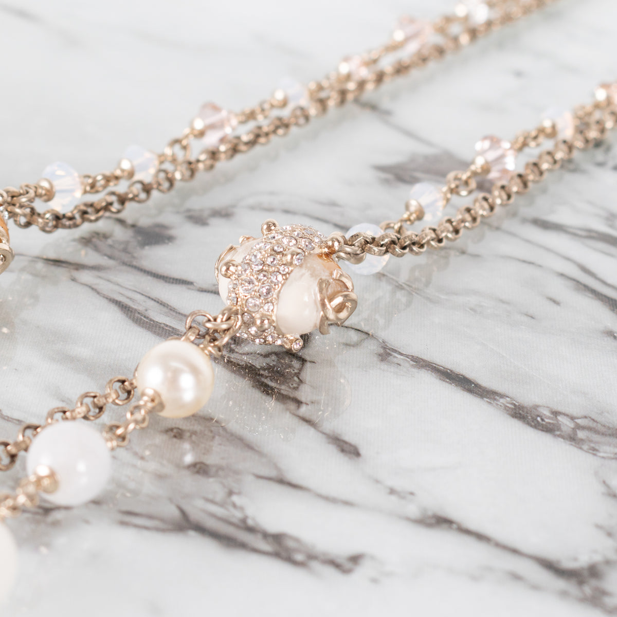 Chanel Cream Caramel Bead Faux Pearl Metal Long Necklace