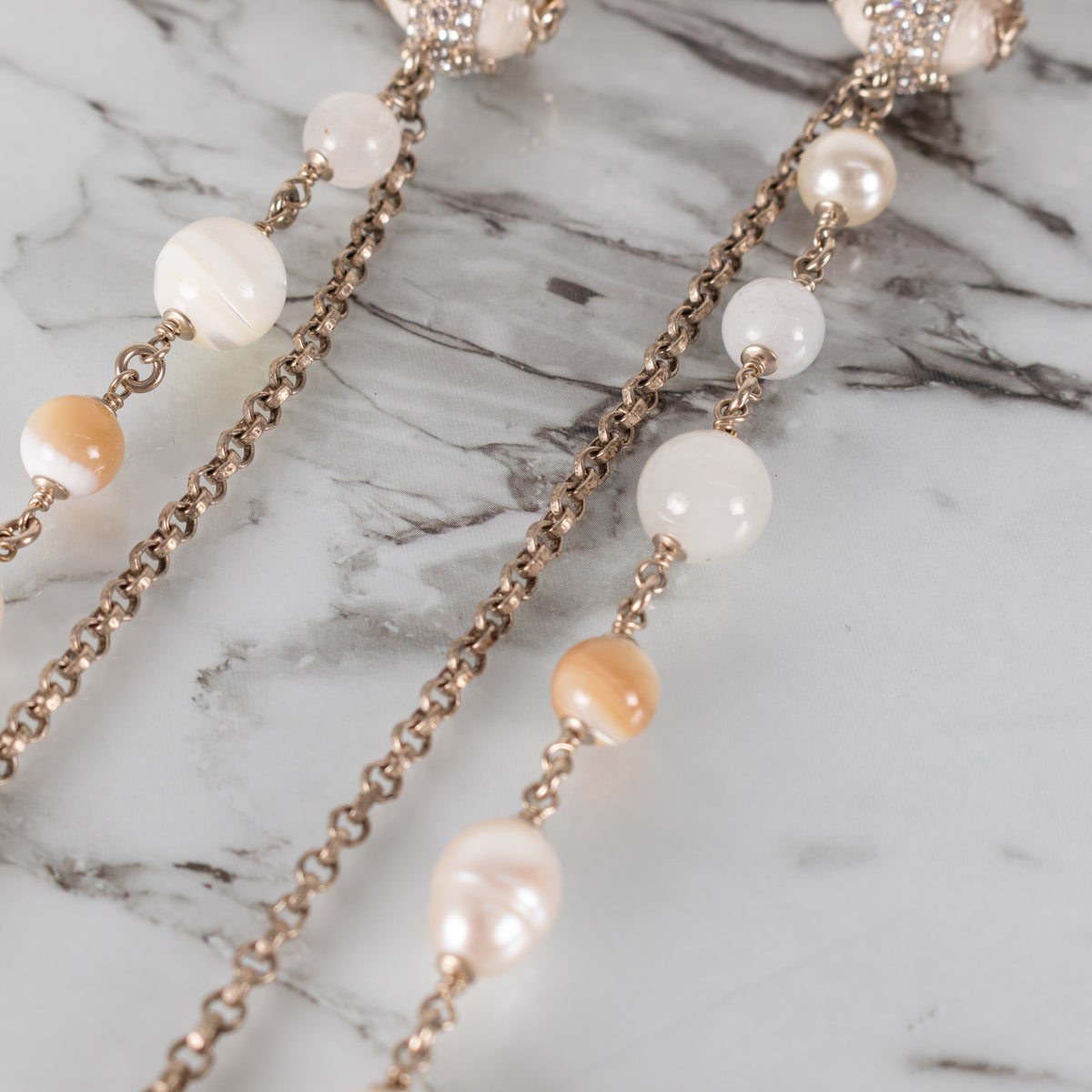 Chanel Cream Caramel Bead Faux Pearl Metal Long Necklace