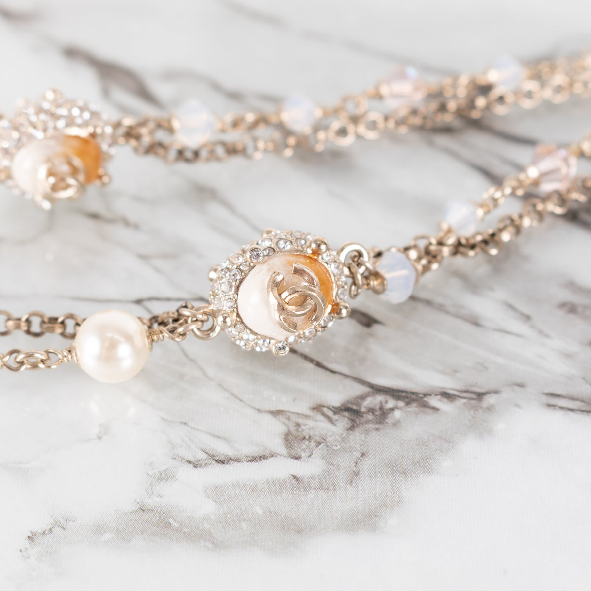 Chanel Cream Caramel Bead Faux Pearl Metal Long Necklace