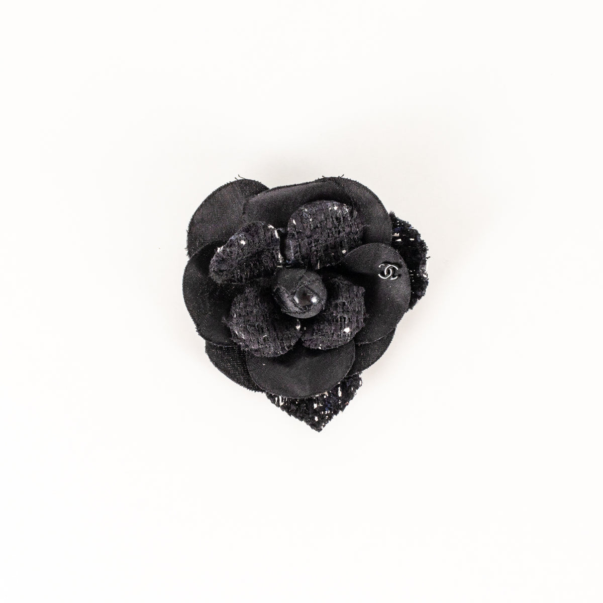 Chanel Black White Fleck Tweed Satin Camellia Brooch