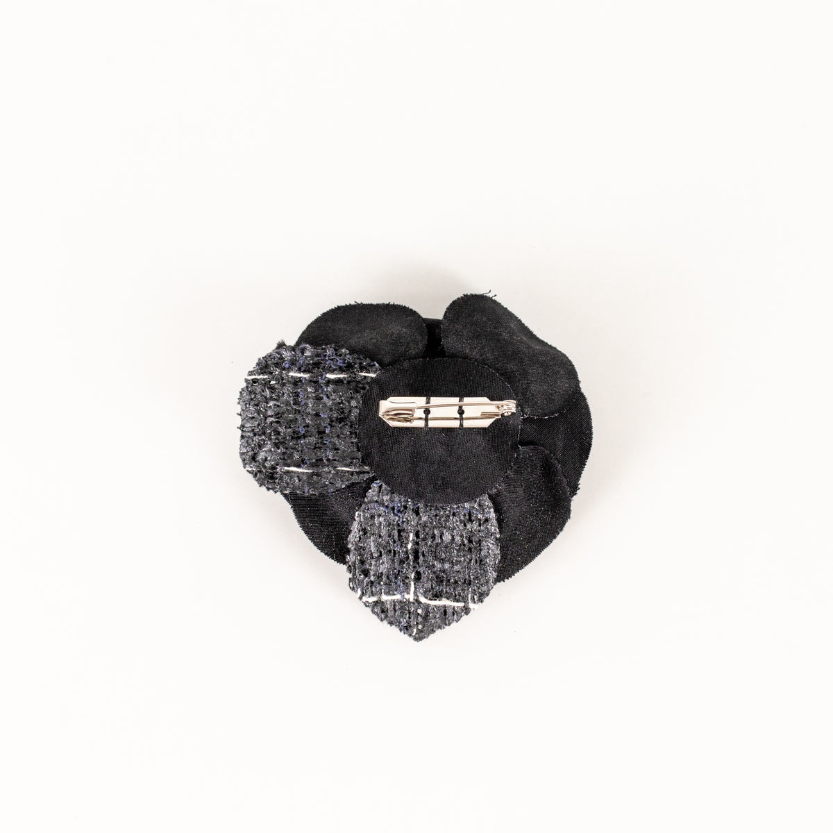 Chanel Black White Fleck Tweed Satin Camellia Brooch