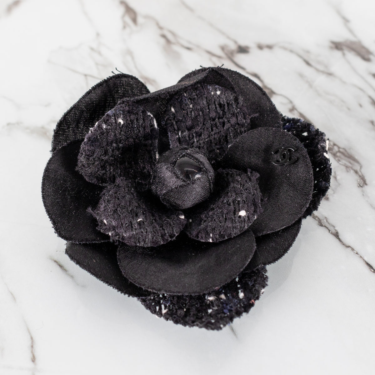 Chanel Black White Fleck Tweed Satin Camellia Brooch