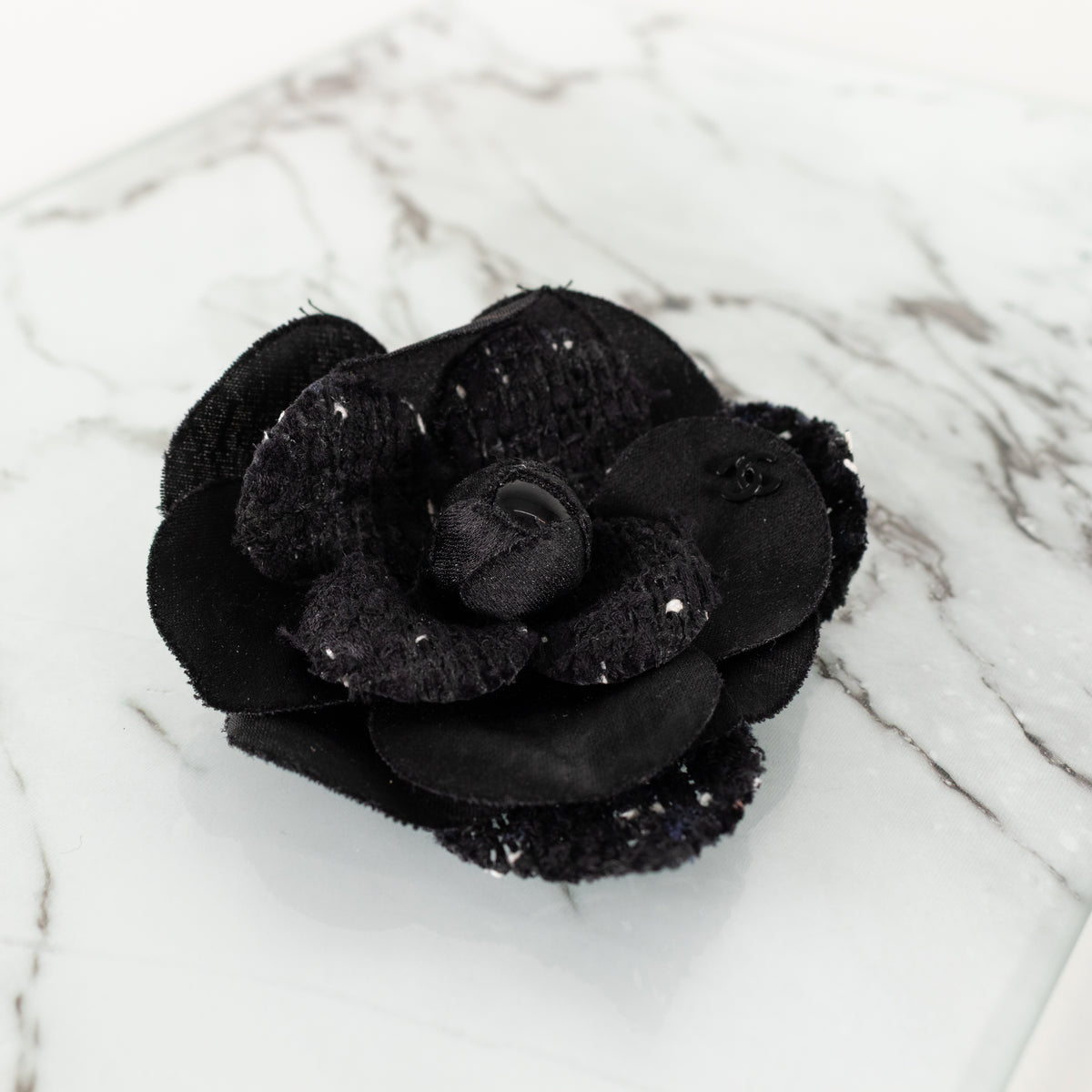 Chanel Black White Fleck Tweed Satin Camellia Brooch
