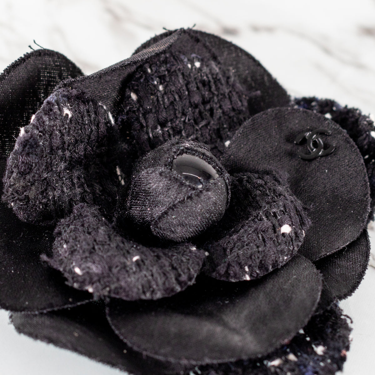 Chanel Black White Fleck Tweed Satin Camellia Brooch