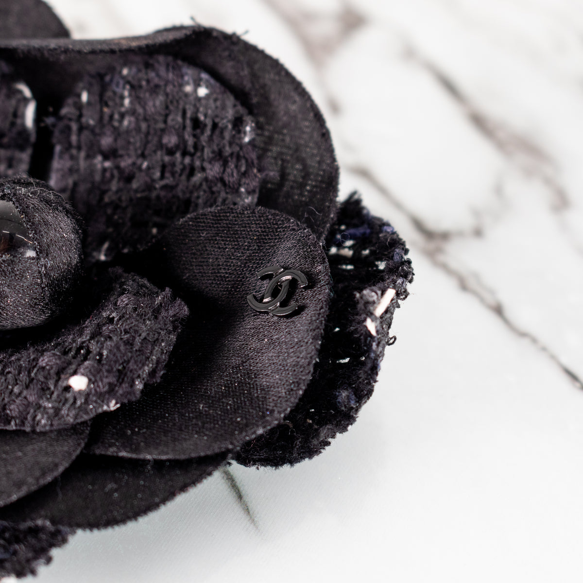 Chanel Black White Fleck Tweed Satin Camellia Brooch