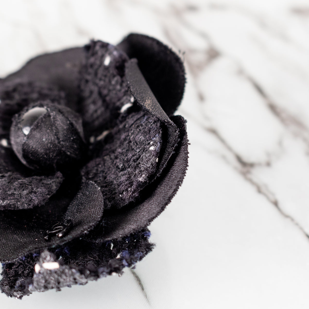 Chanel Black White Fleck Tweed Satin Camellia Brooch