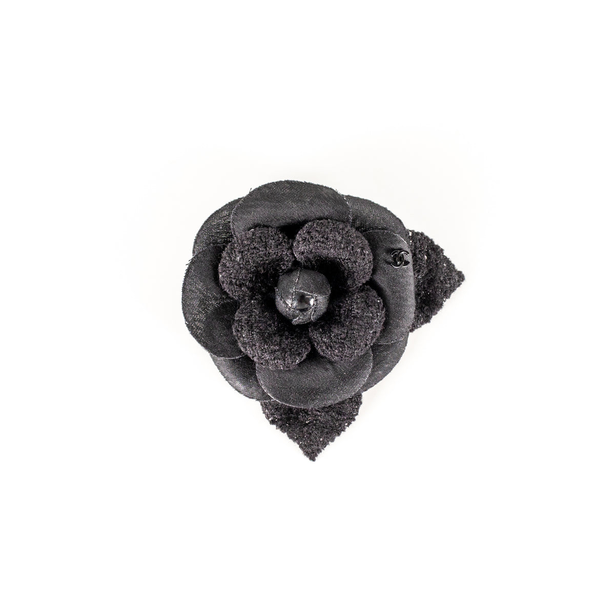 Chanel Black Tweed Satin Shiny Bud Camellia Brooch