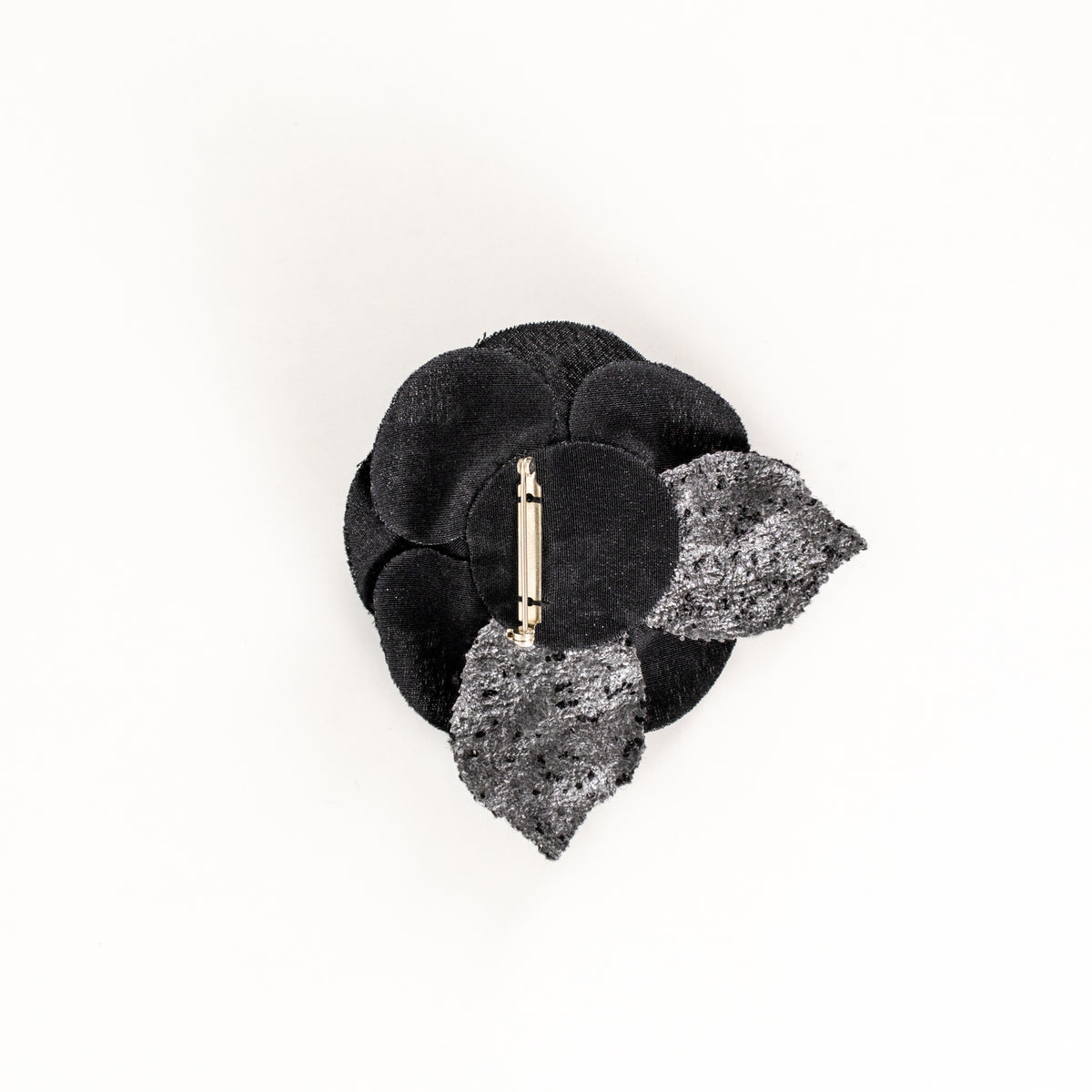Chanel Black Tweed Satin Shiny Bud Camellia Brooch