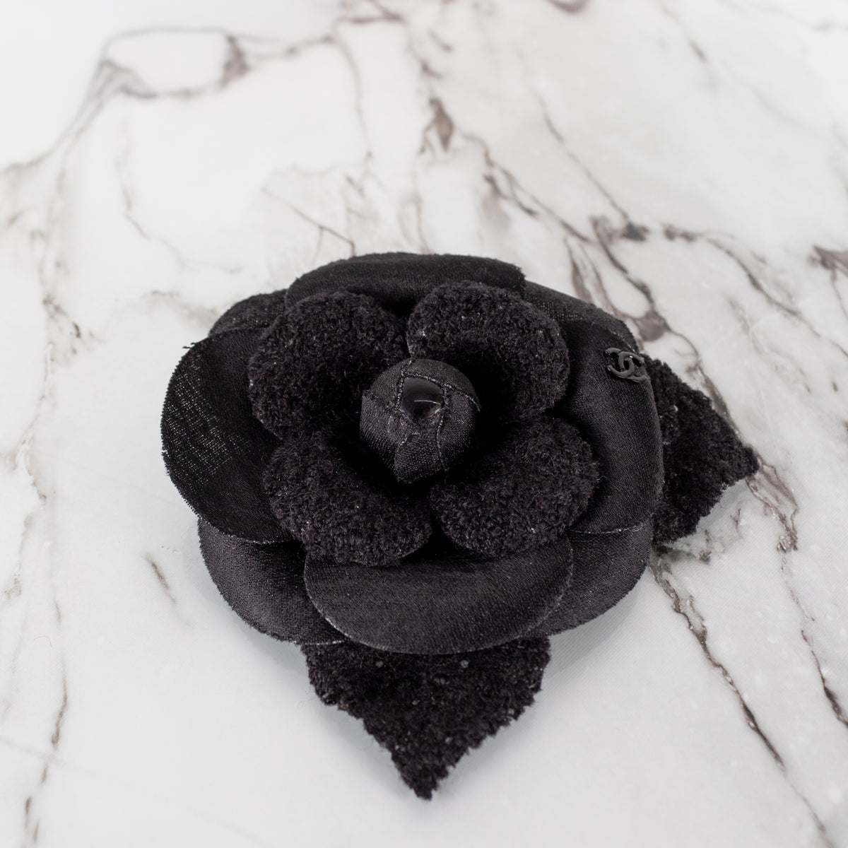 Chanel Black Tweed Satin Shiny Bud Camellia Brooch