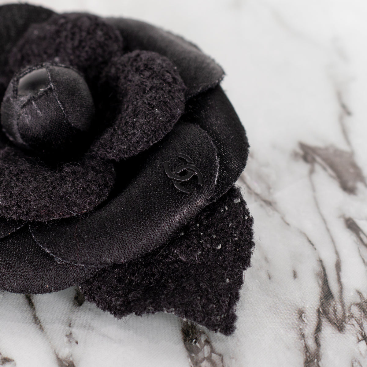 Chanel Black Tweed Satin Shiny Bud Camellia Brooch
