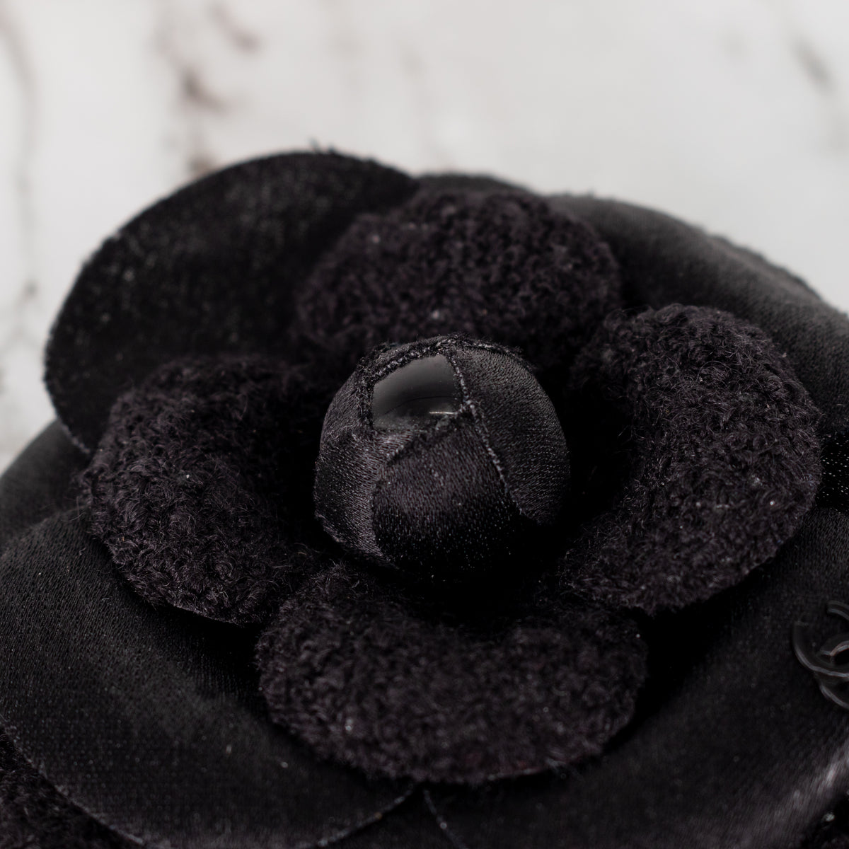 Chanel Black Tweed Satin Shiny Bud Camellia Brooch