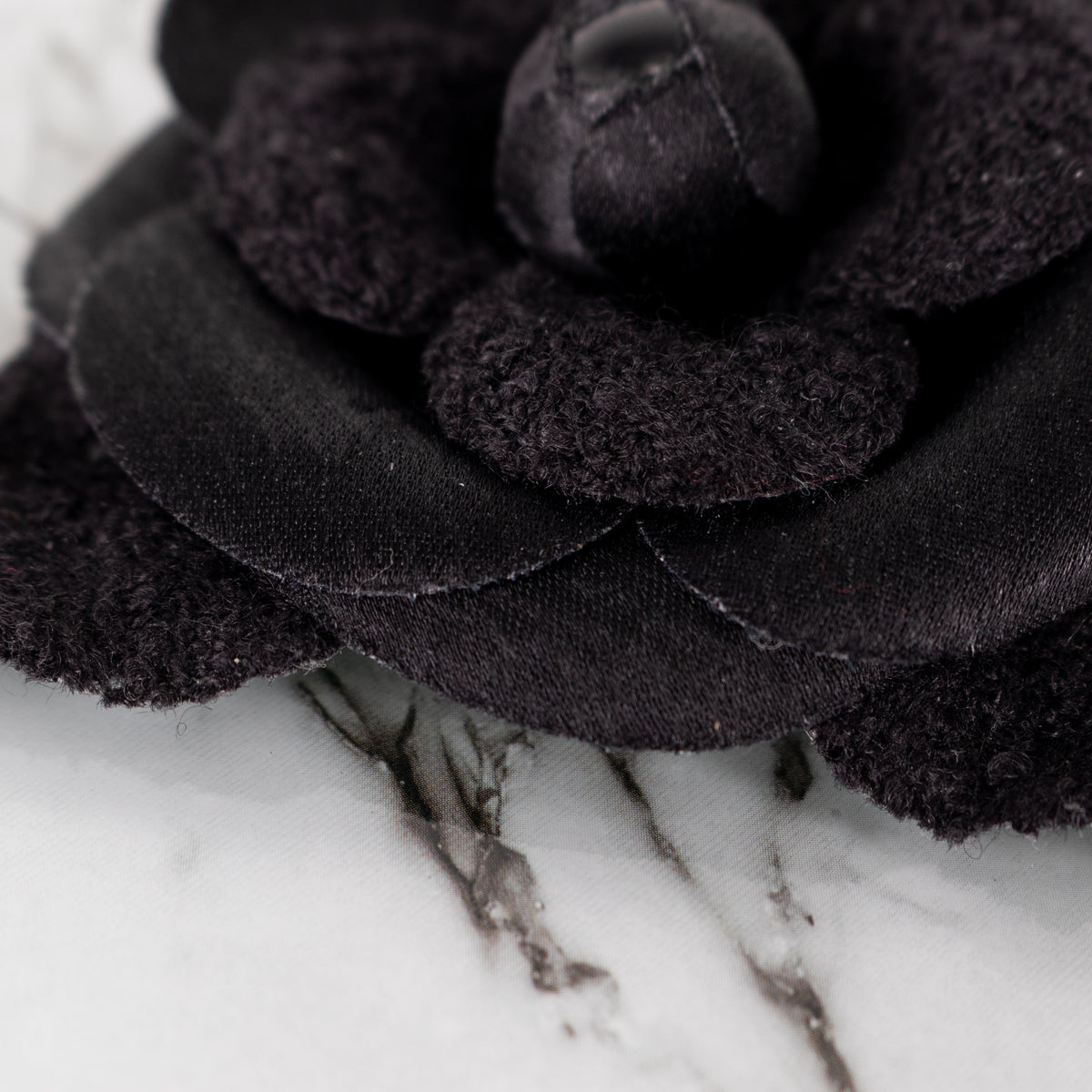 Chanel Black Tweed Satin Shiny Bud Camellia Brooch