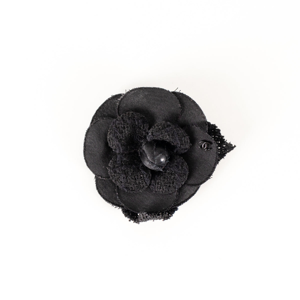 Chanel Black Satin Tweed Camellia Brooch
