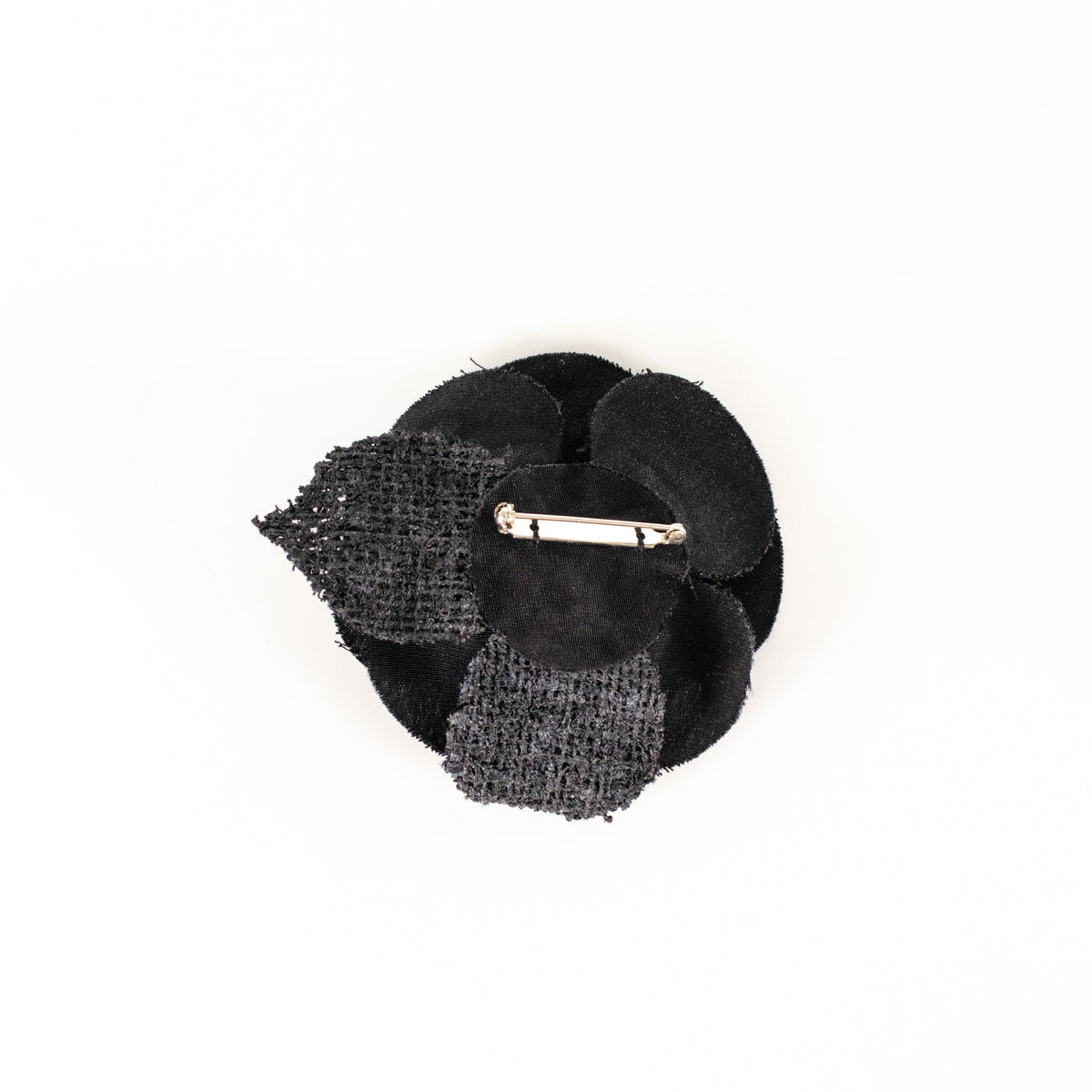 Chanel Black Satin Tweed Camellia Brooch