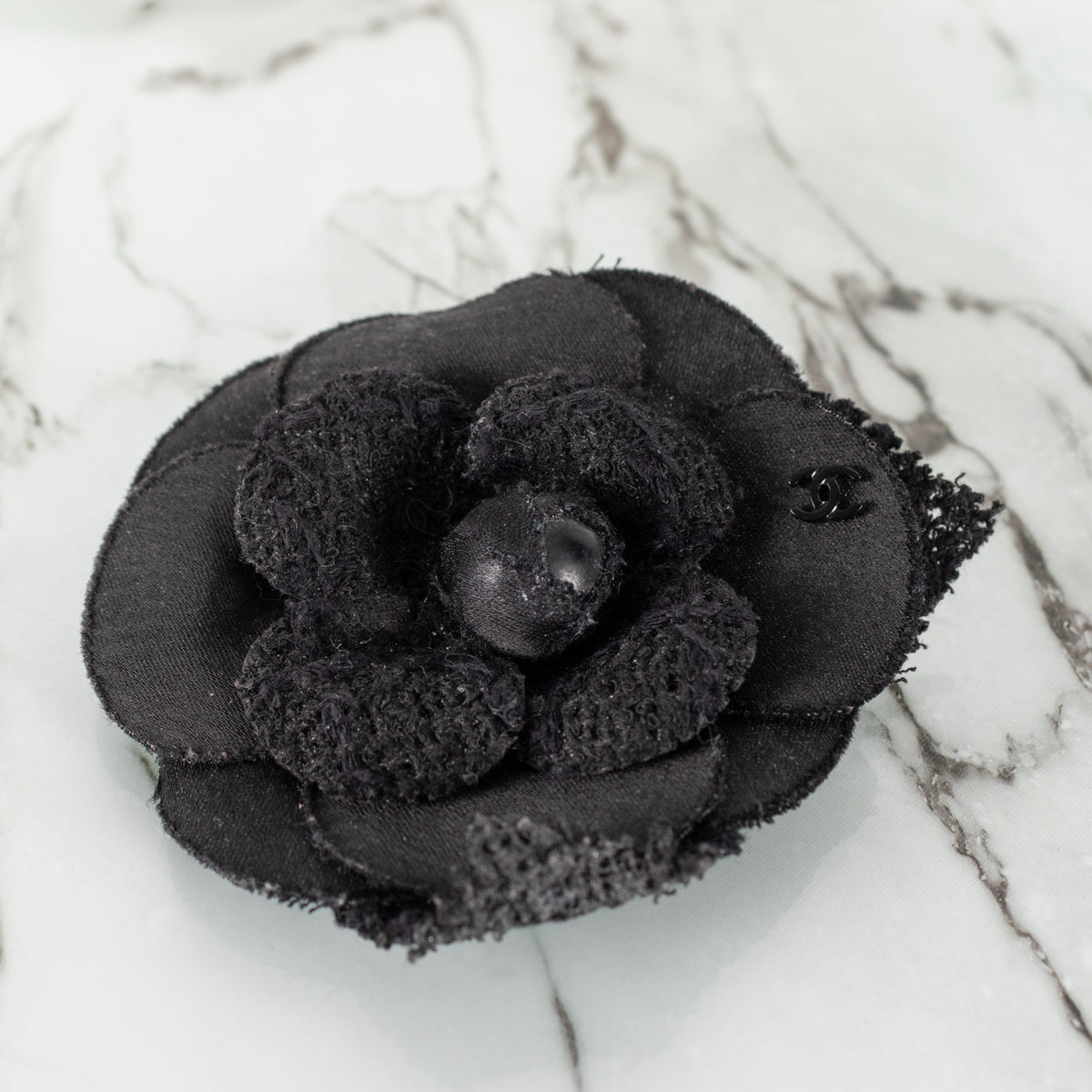 Chanel Black Satin Tweed Camellia Brooch