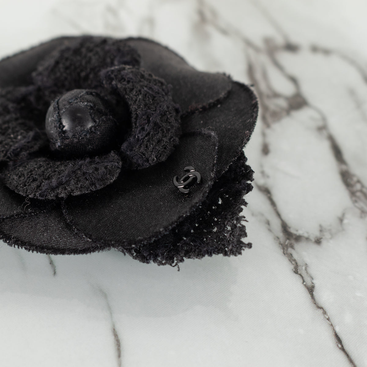 Chanel Black Satin Tweed Camellia Brooch