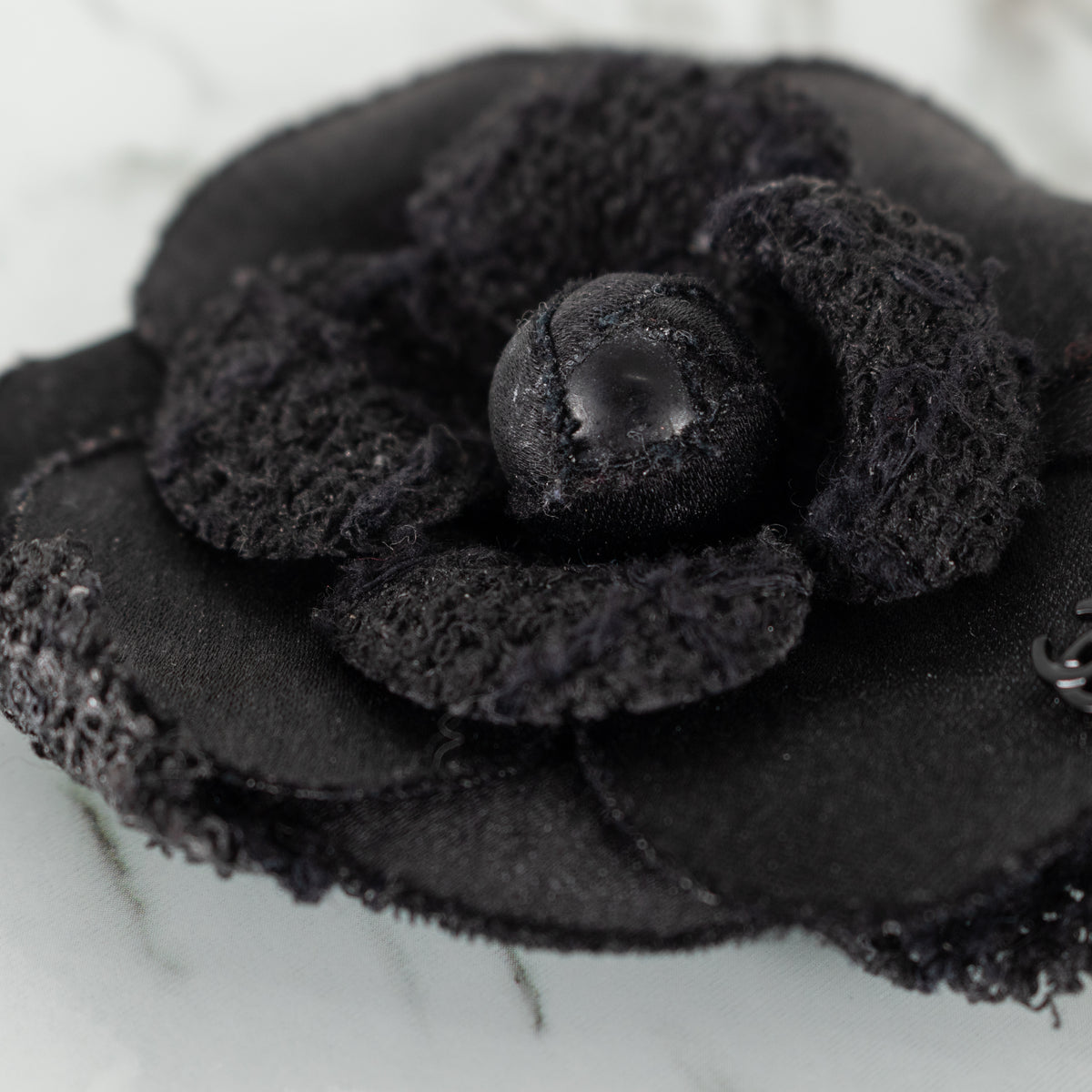 Chanel Black Satin Tweed Camellia Brooch