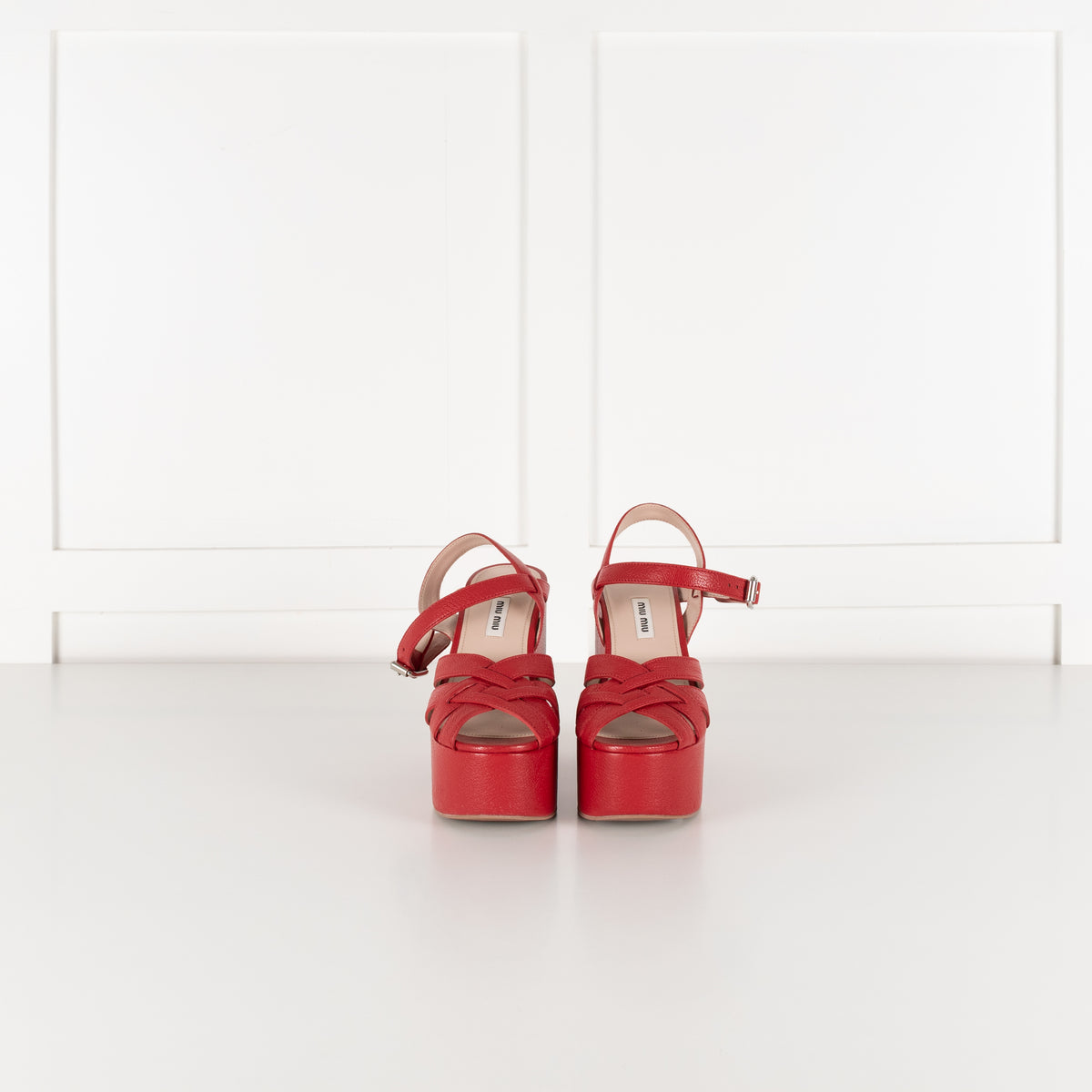 Miu Miu Red Leather Platform Block Heel Sandal