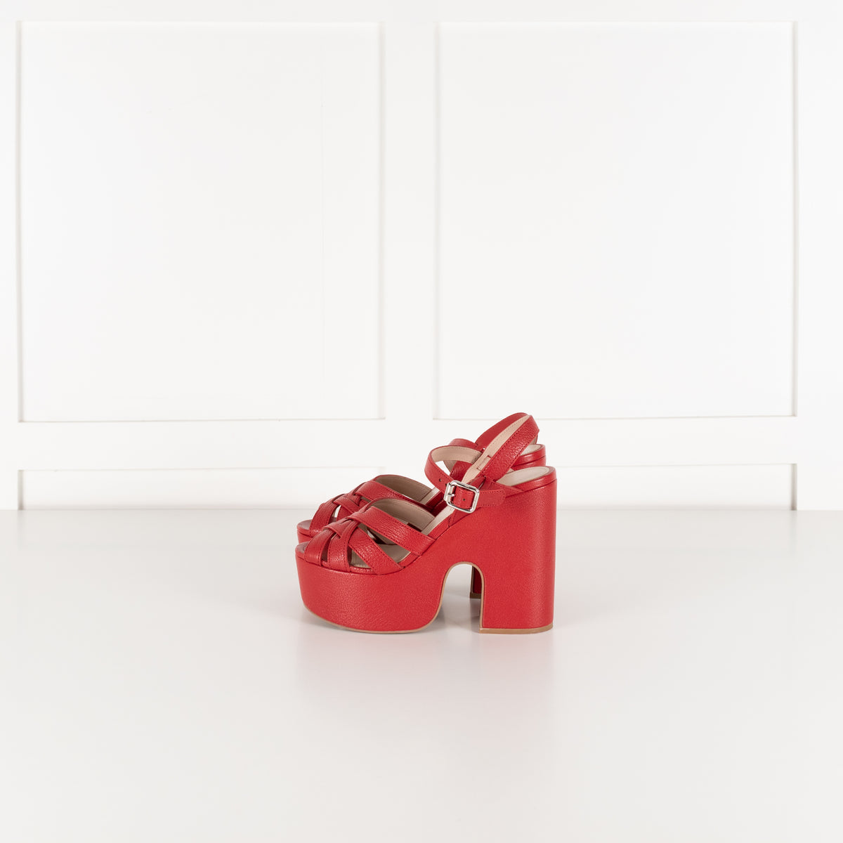 Miu Miu Red Leather Platform Block Heel Sandal