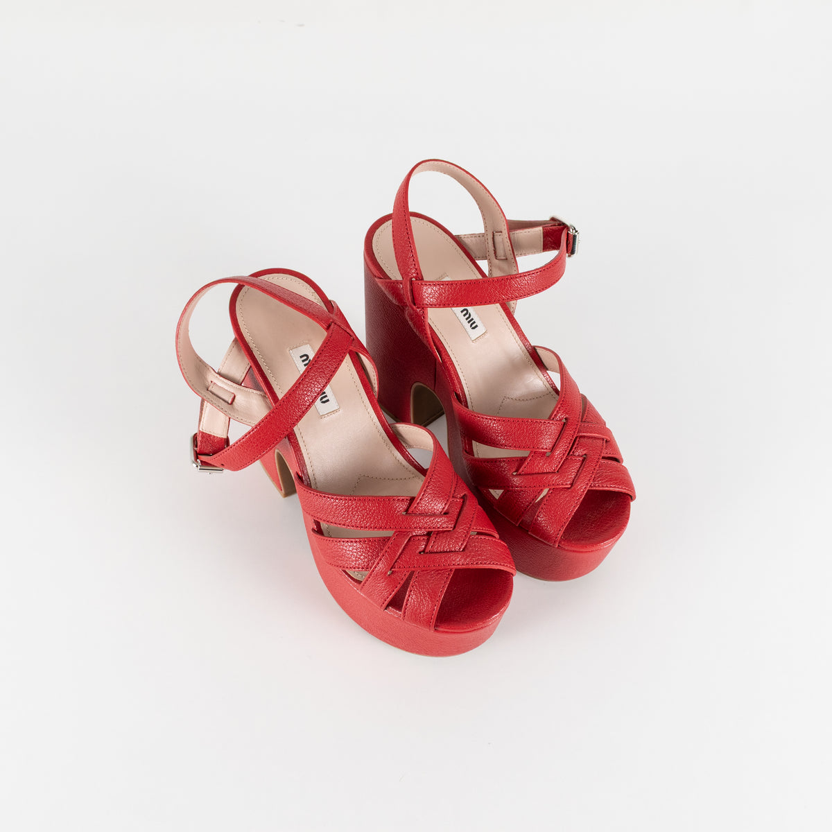 Miu Miu Red Leather Platform Block Heel Sandal