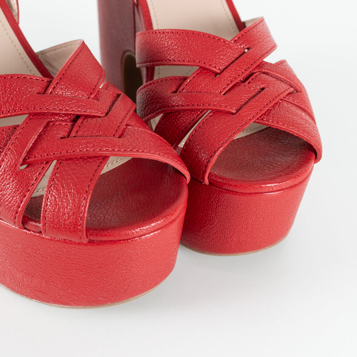Miu Miu Red Leather Platform Block Heel Sandal