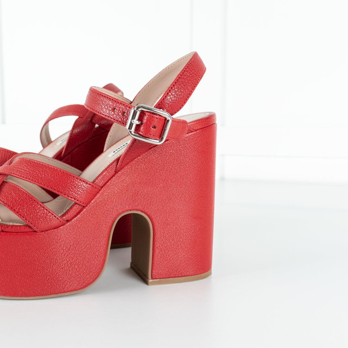 Miu Miu Red Leather Platform Block Heel Sandal