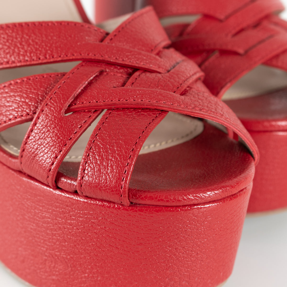 Miu Miu Red Leather Platform Block Heel Sandal