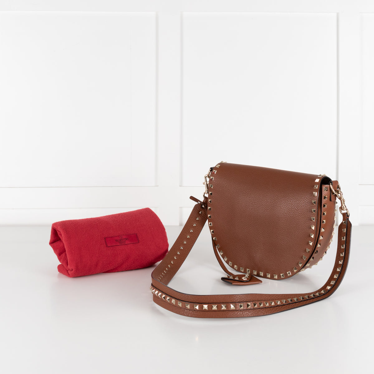 Valentino Garavani Rockstud Tan Saddle Bag