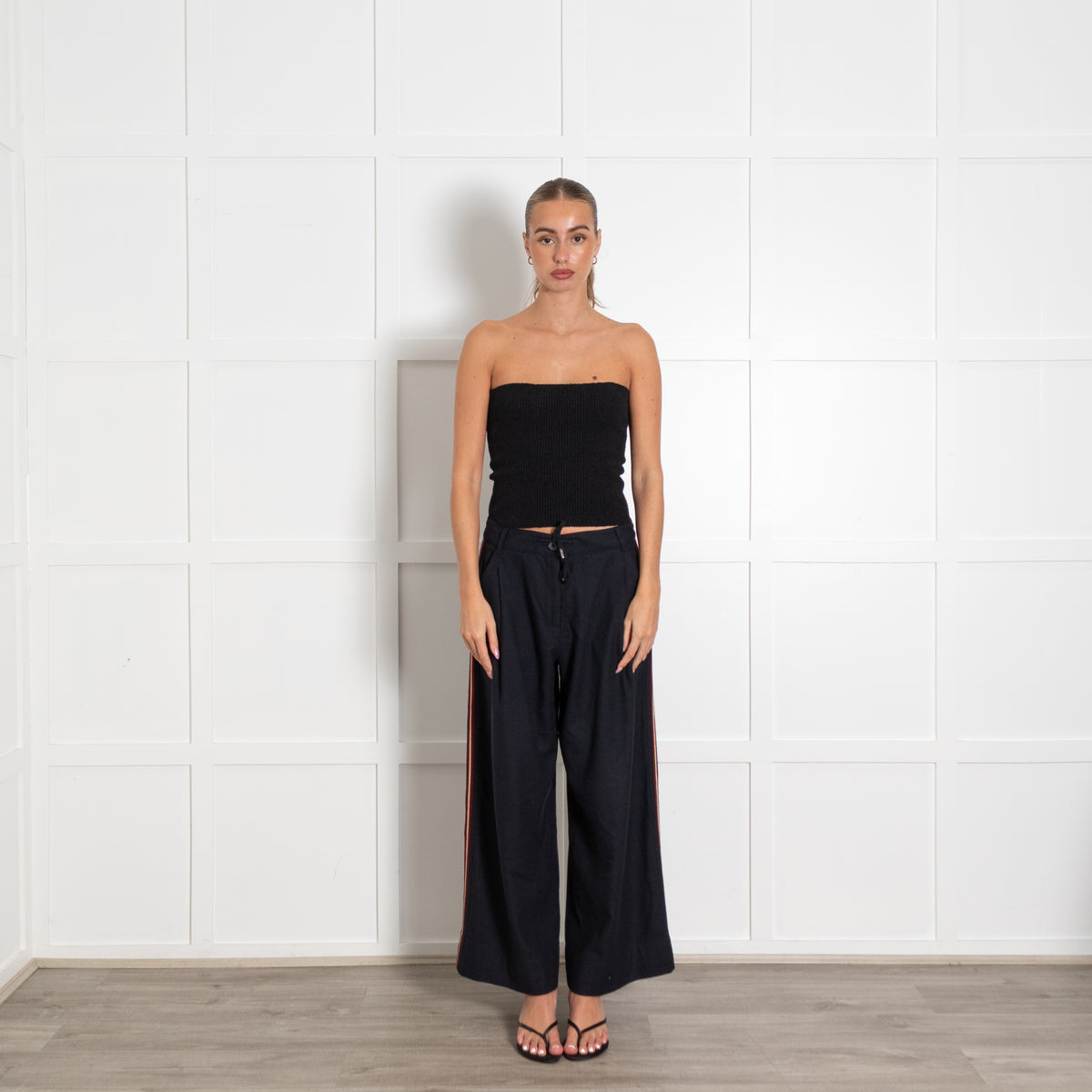 Me+Em Navy Pleated Wide-Leg Trousers