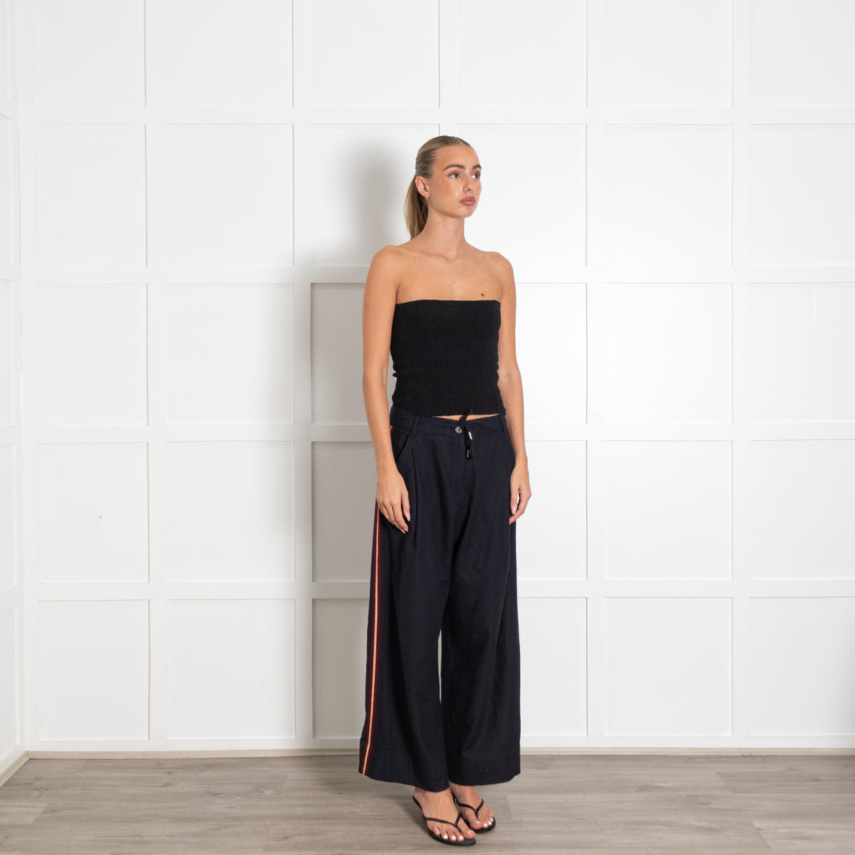 Me+Em Navy Pleated Wide-Leg Trousers