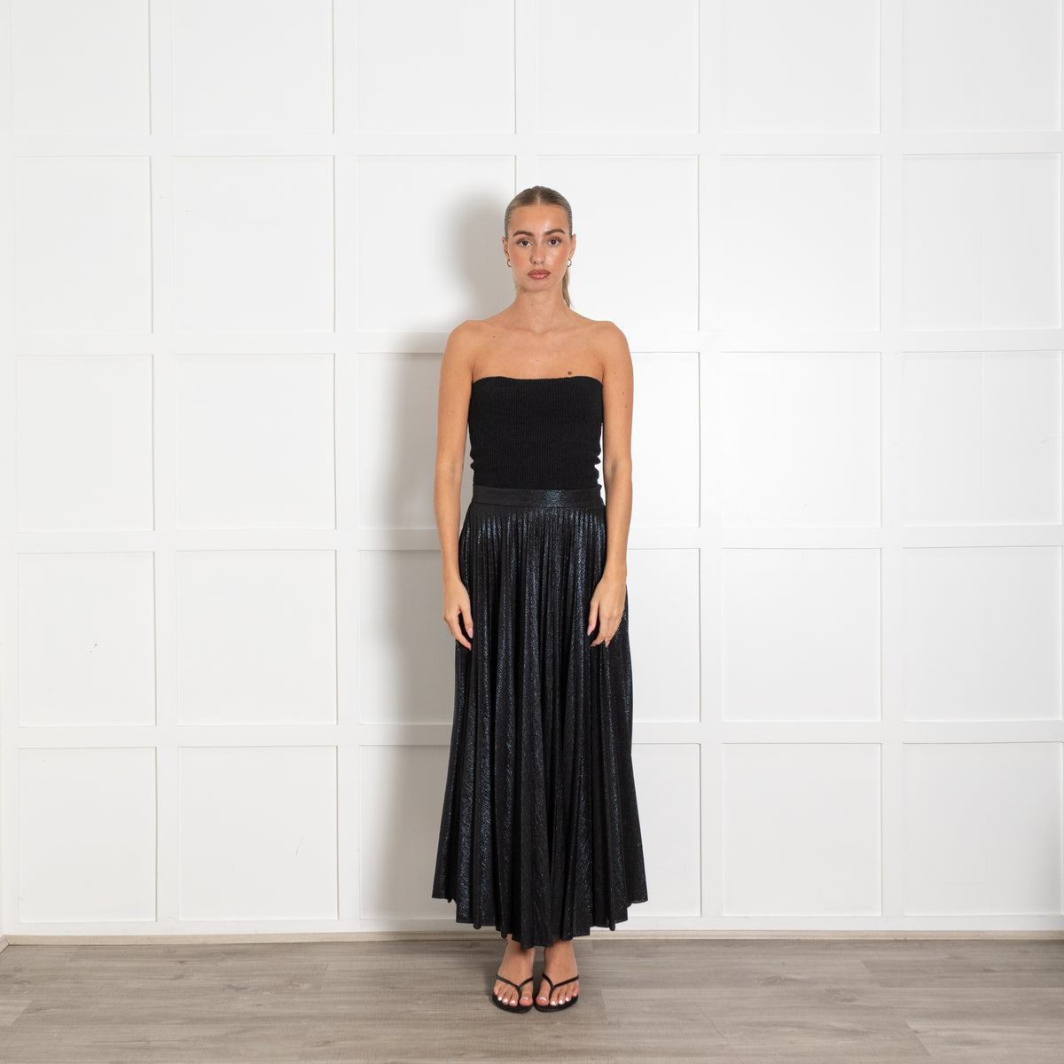Emilia Wickstead Black Metallic Pleated Midi Skirt
