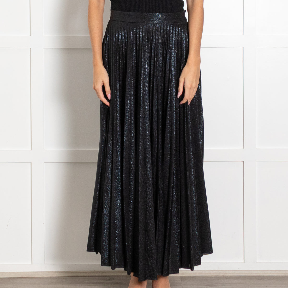 Emilia Wickstead Black Metallic Pleated Midi Skirt