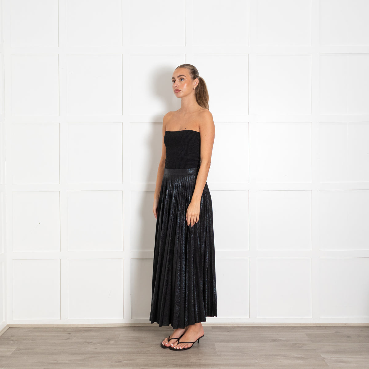 Emilia Wickstead Black Metallic Pleated Midi Skirt
