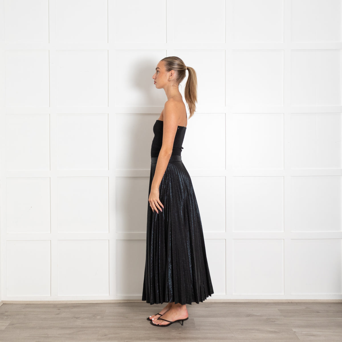 Emilia Wickstead Black Metallic Pleated Midi Skirt