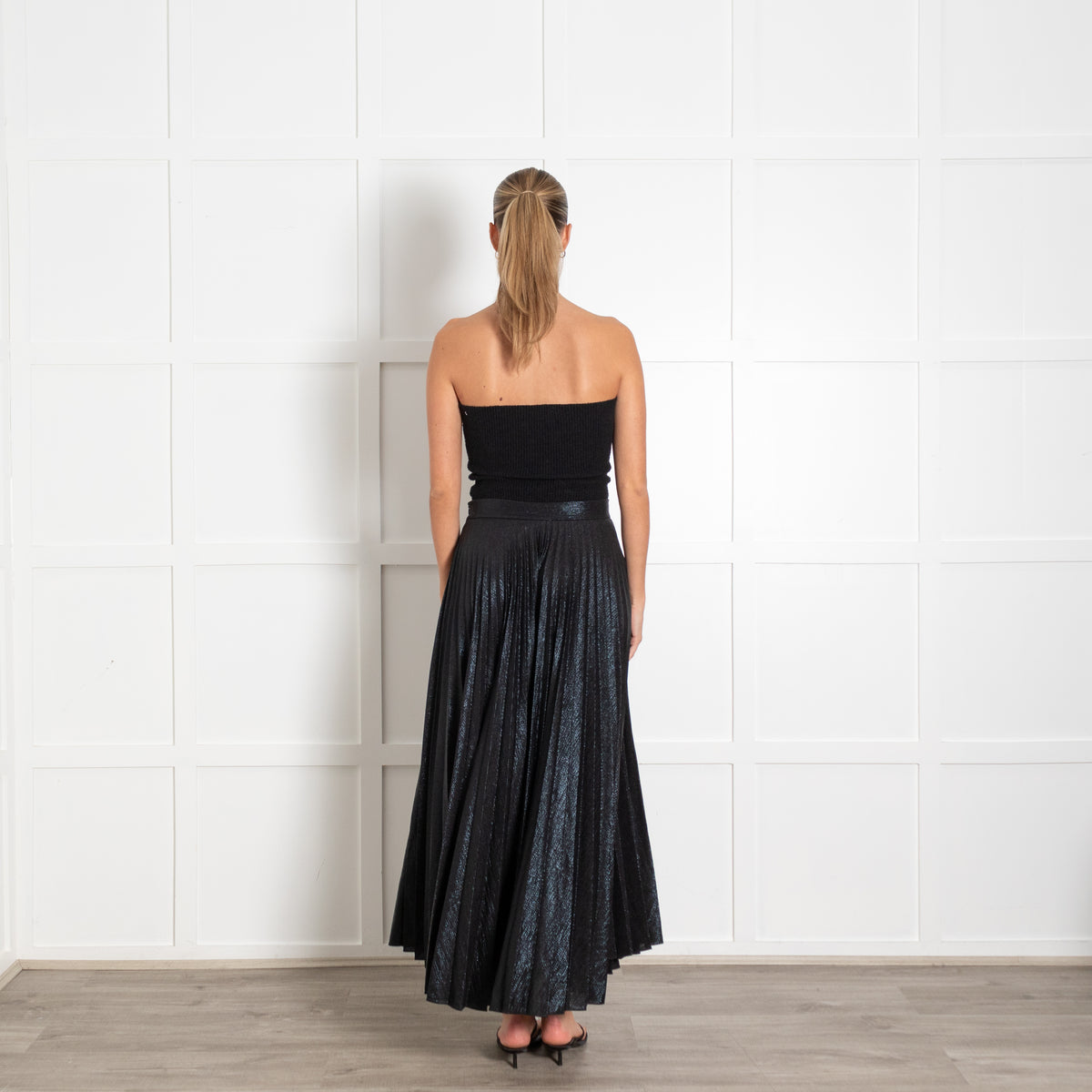 Emilia Wickstead Black Metallic Pleated Midi Skirt