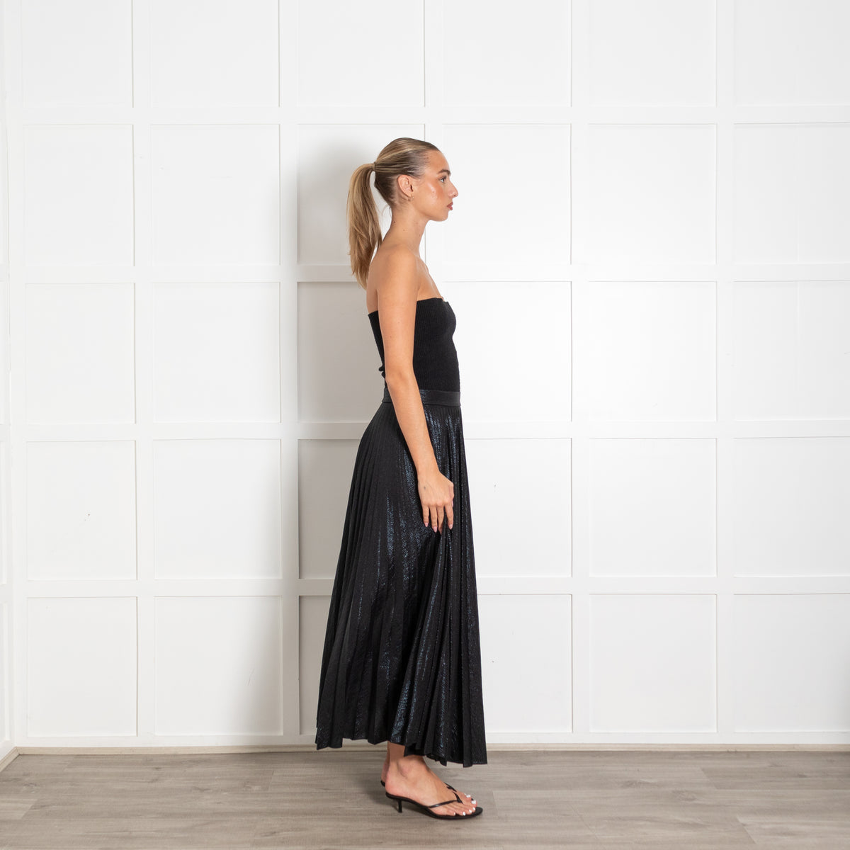 Emilia Wickstead Black Metallic Pleated Midi Skirt