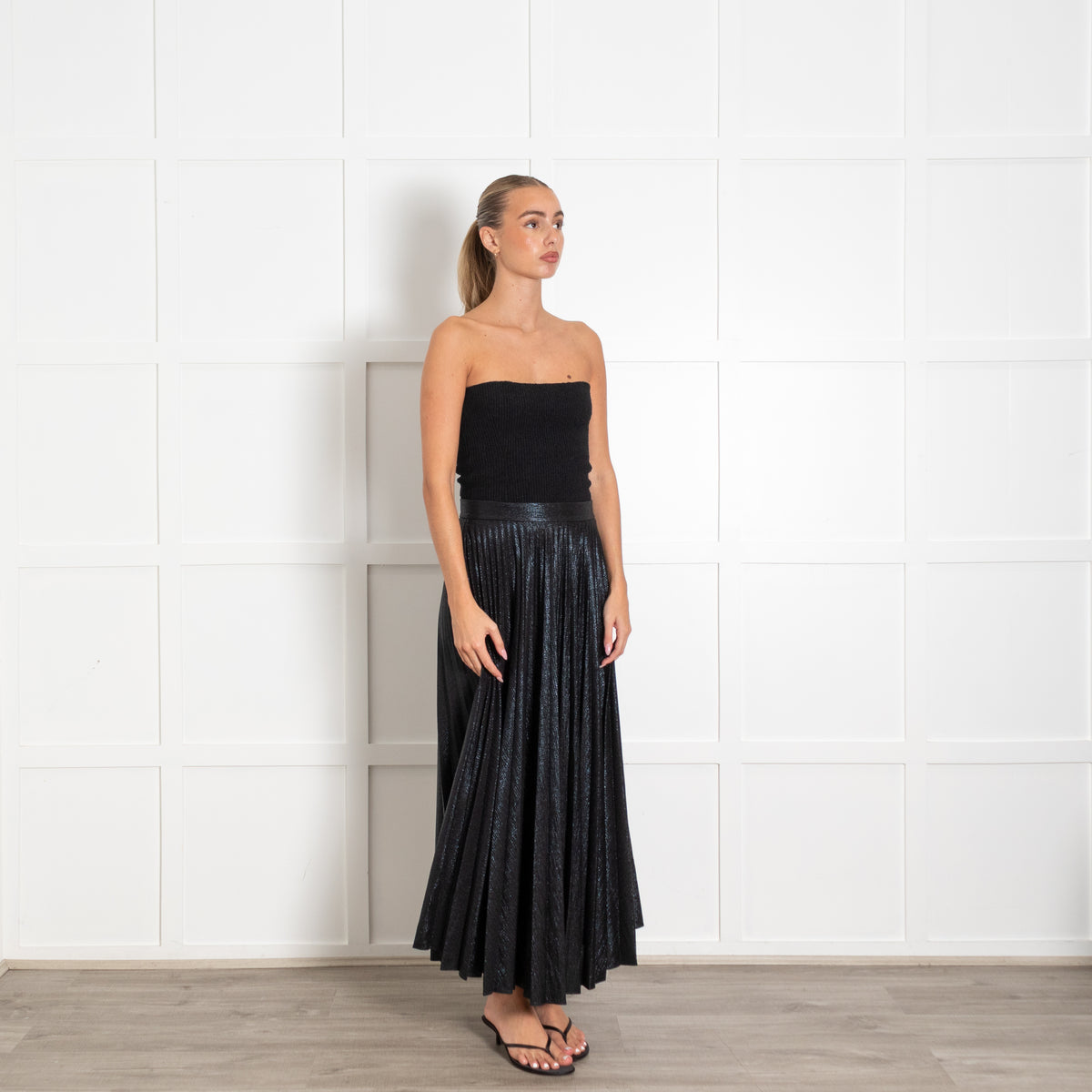 Emilia Wickstead Black Metallic Pleated Midi Skirt