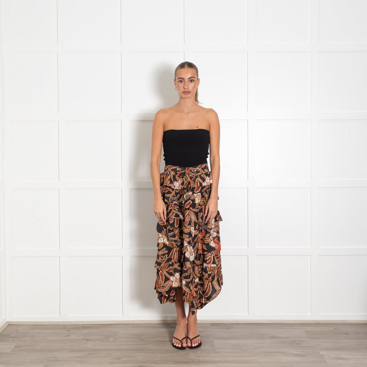Ulla Johnson Black Brown Orange Ruffle Midi Skirt