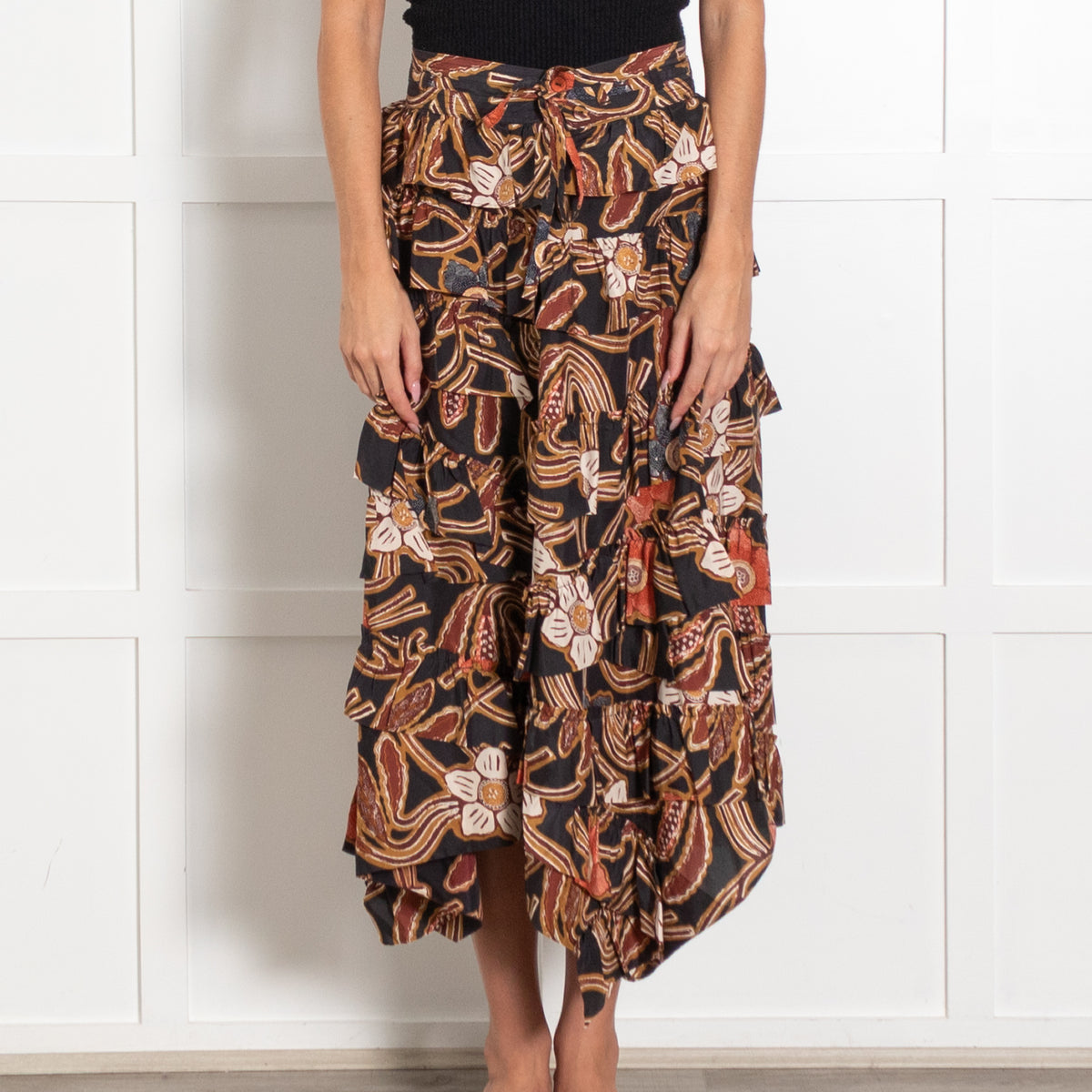 Ulla Johnson Black Brown Orange Ruffle Midi Skirt