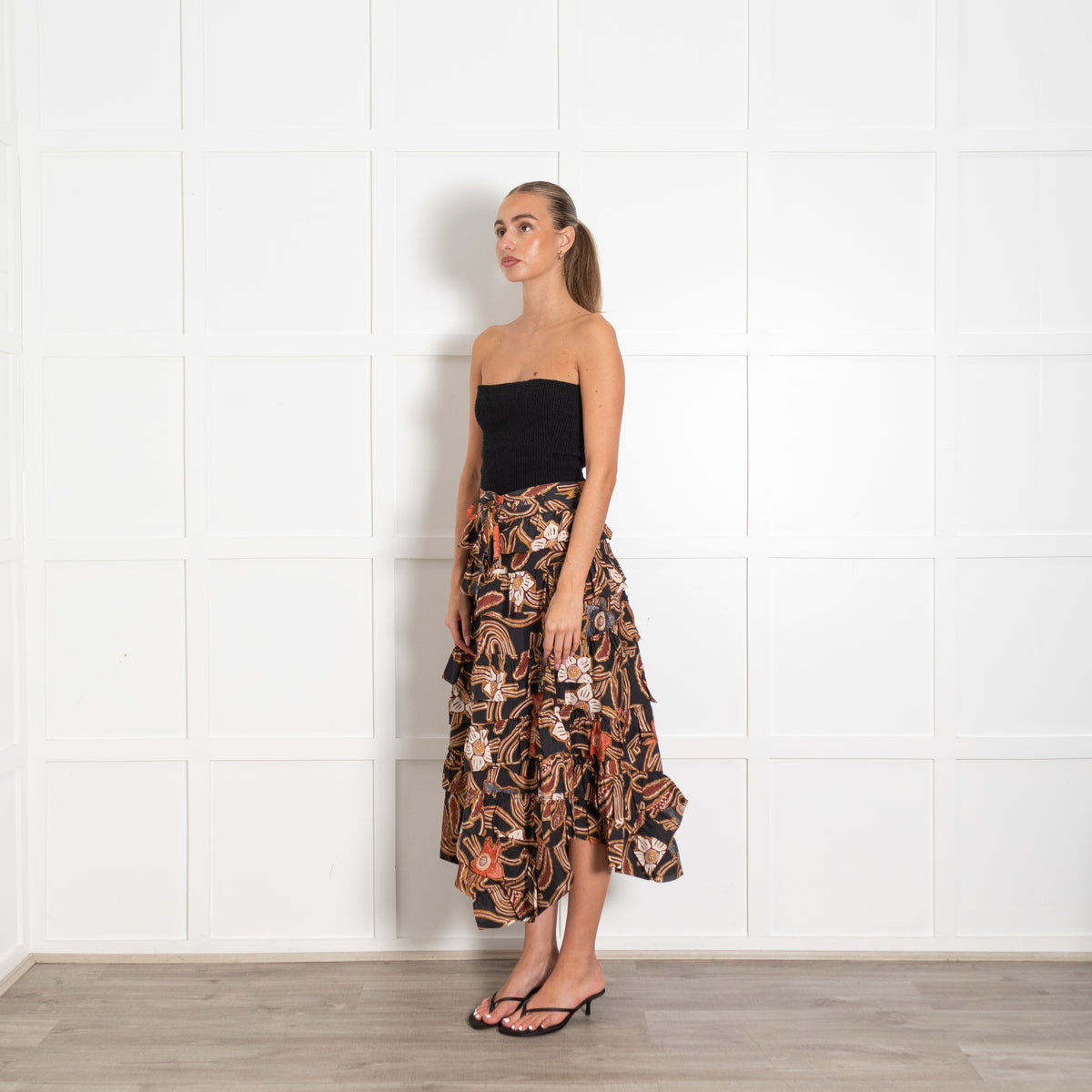 Ulla Johnson Black Brown Orange Ruffle Midi Skirt