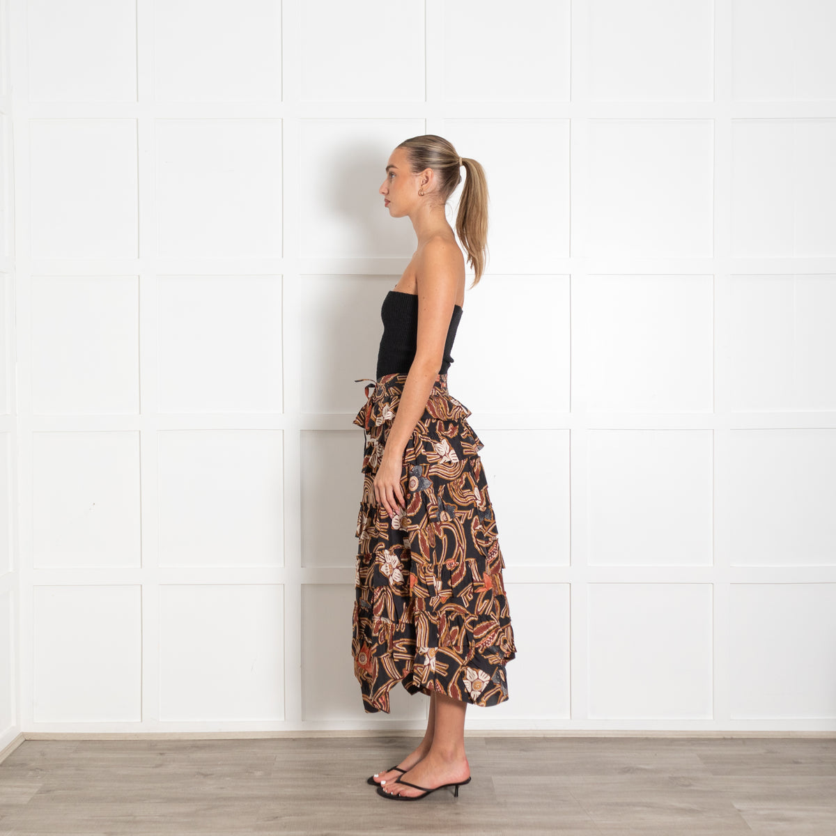Ulla Johnson Black Brown Orange Ruffle Midi Skirt