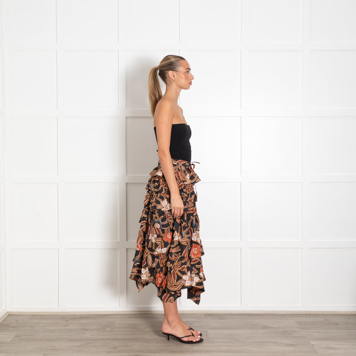 Ulla Johnson Black Brown Orange Ruffle Midi Skirt