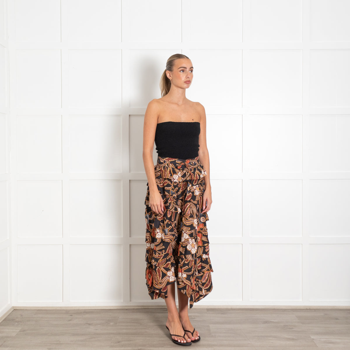 Ulla Johnson Black Brown Orange Ruffle Midi Skirt