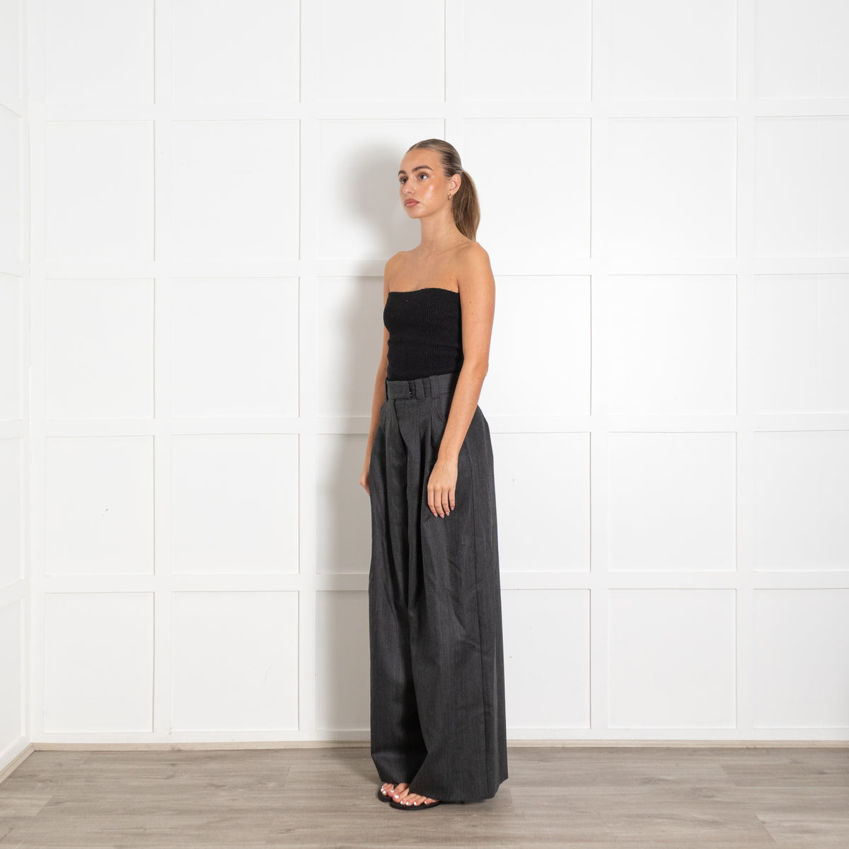 Marella Grey Pleated Front Wide Leg Suit 100% Wool Trousers