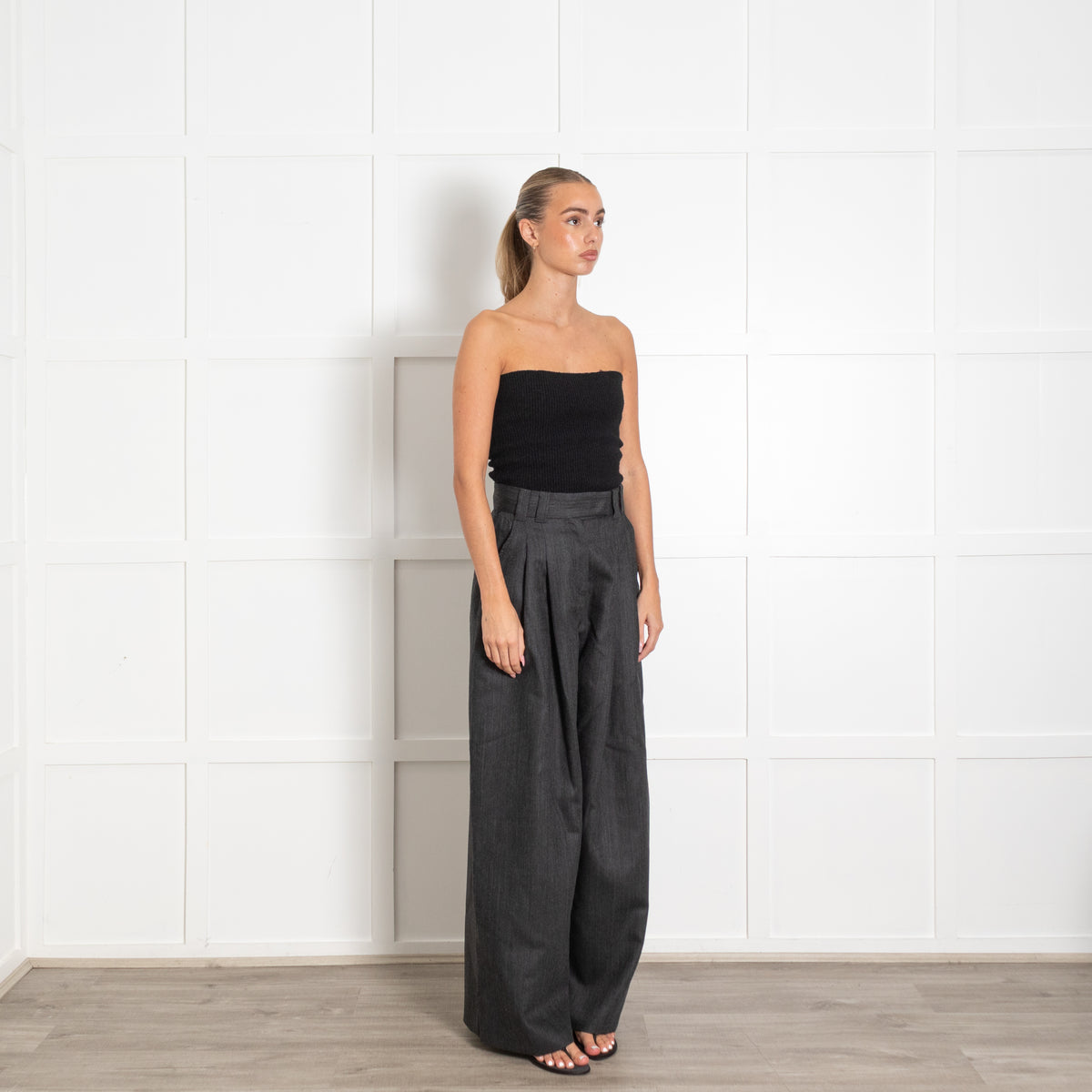 Marella Grey Pleated Front Wide Leg Suit 100% Wool Trousers