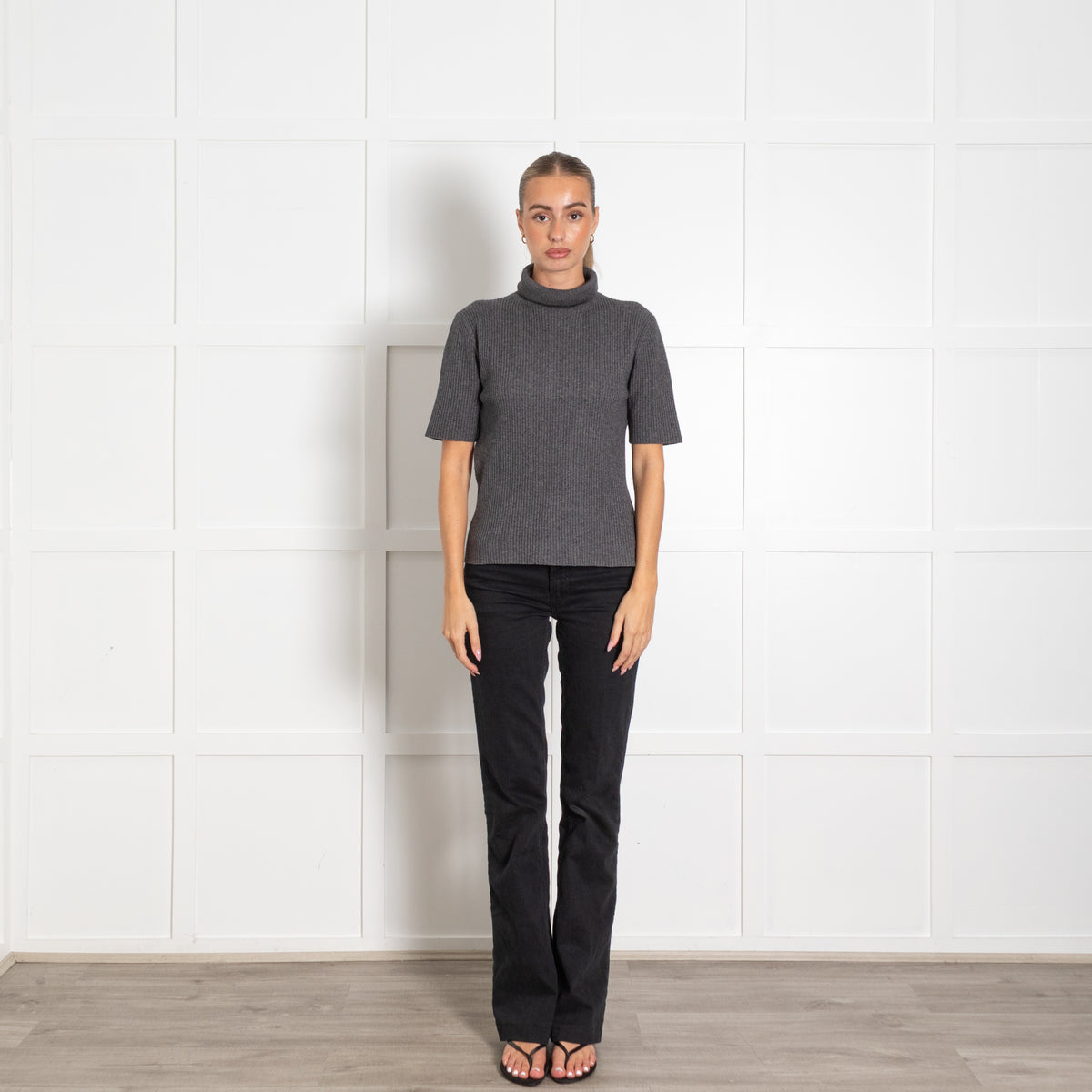 TSE Grey Silk Blend Pleated Turtleneck Short-Sleeve Sweater