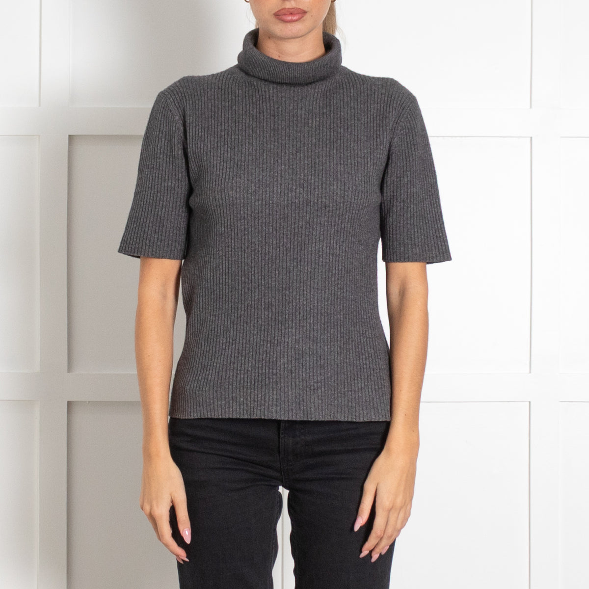 TSE Grey Silk Blend Pleated Turtleneck Short-Sleeve Sweater