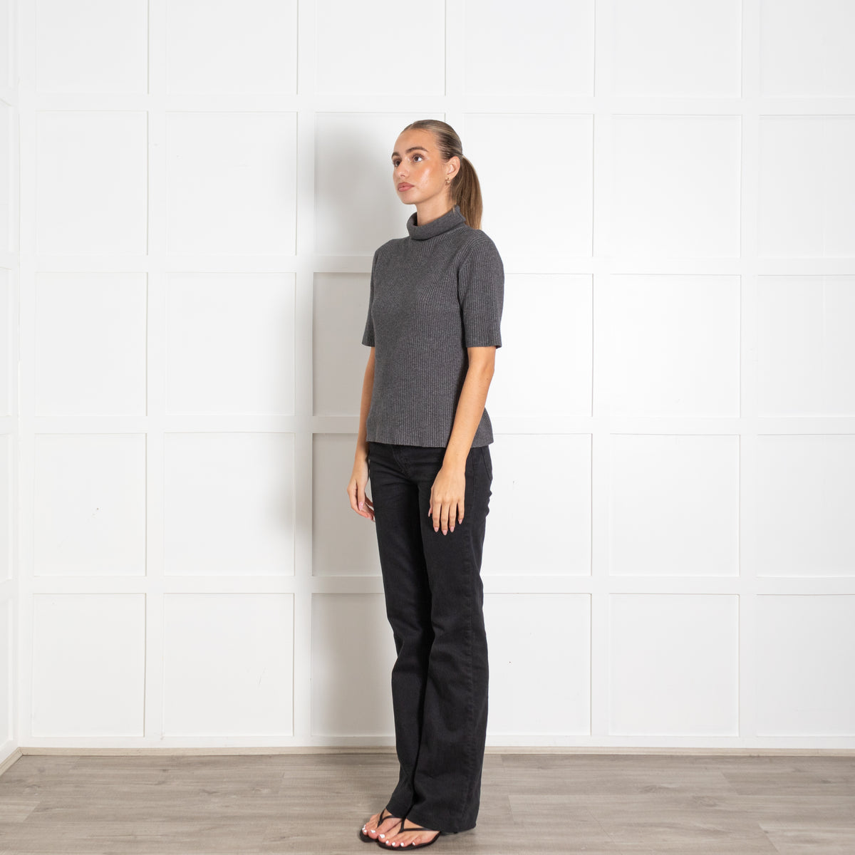 TSE Grey Silk Blend Pleated Turtleneck Short-Sleeve Sweater