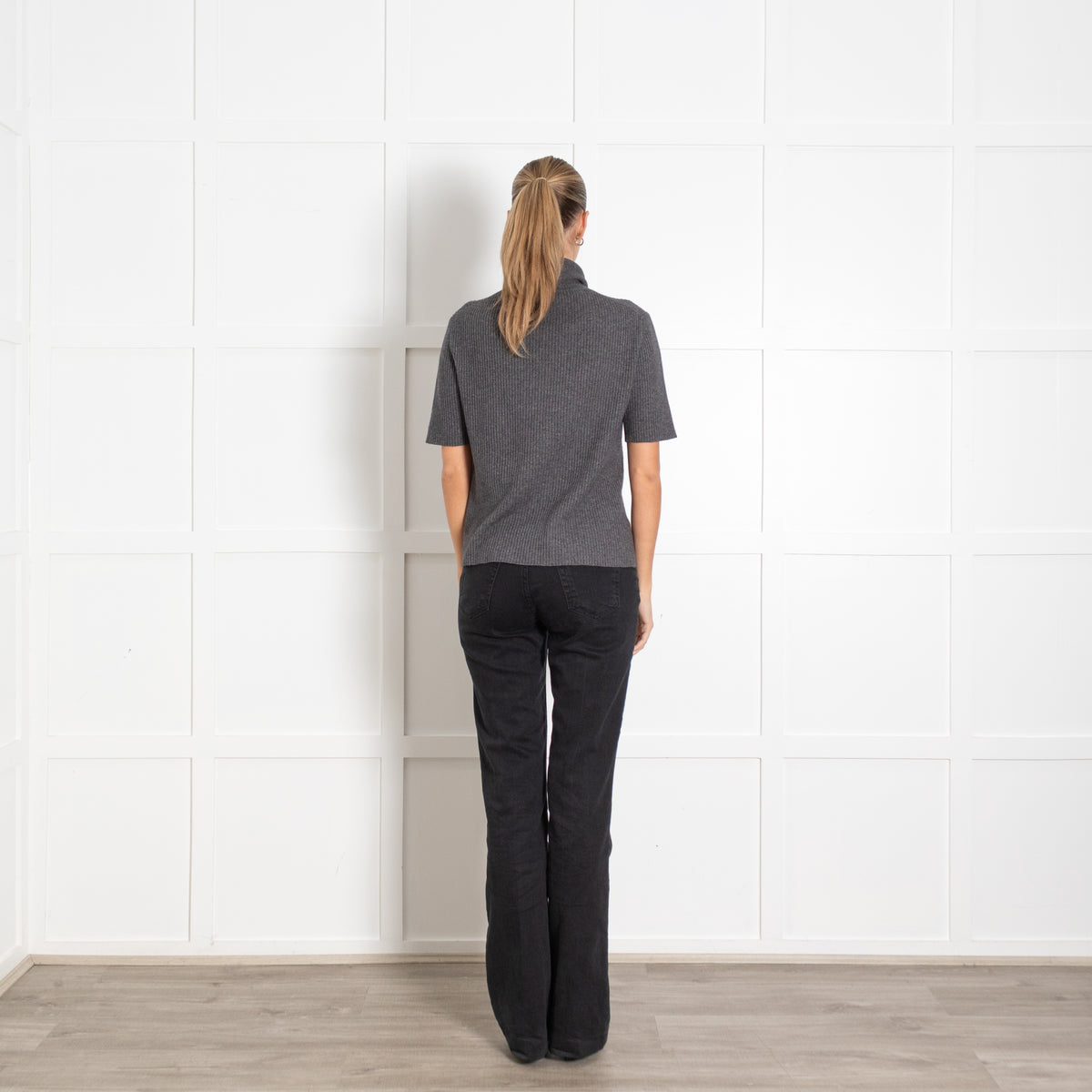 TSE Grey Silk Blend Pleated Turtleneck Short-Sleeve Sweater