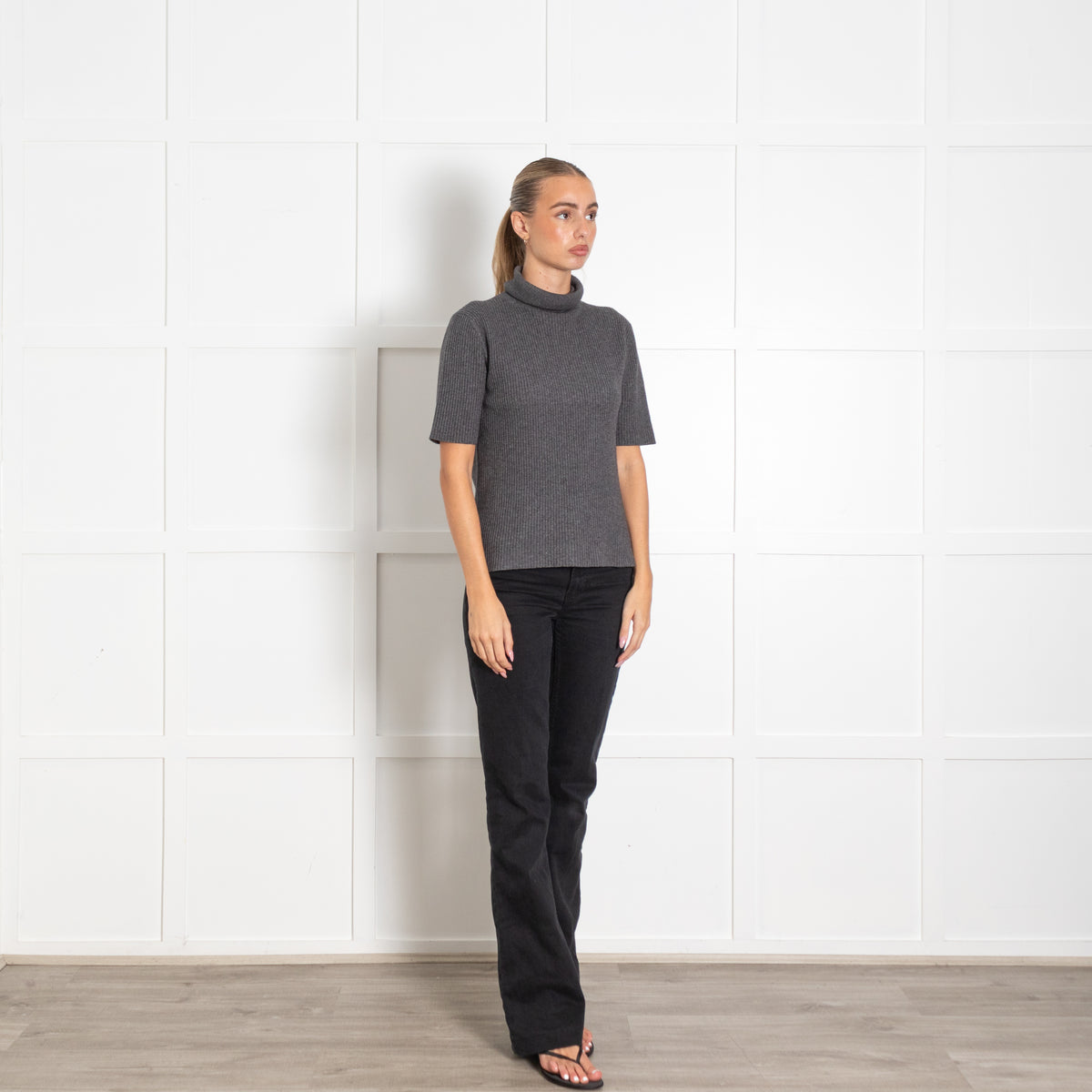 TSE Grey Silk Blend Pleated Turtleneck Short-Sleeve Sweater